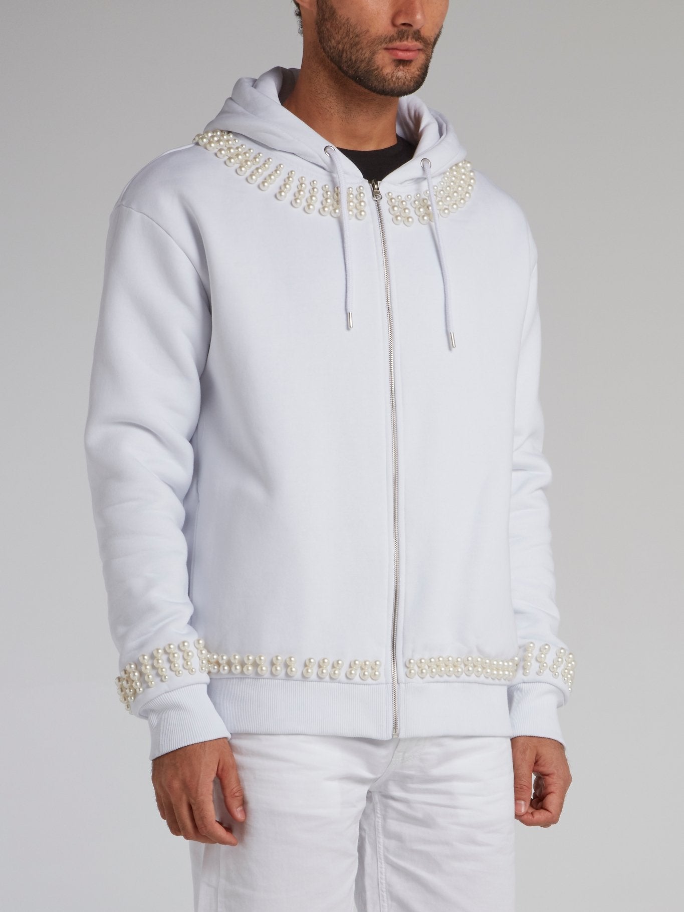 White Pearl Embellished Statement Hoodie – Maison-B-More Global Store