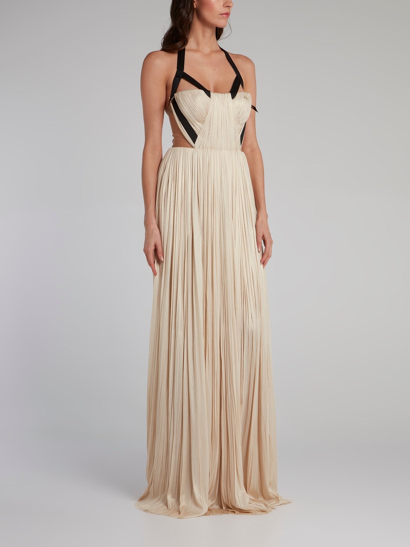 Beige Halter Neck Pleated Maxi Dress Maison B More Global Store