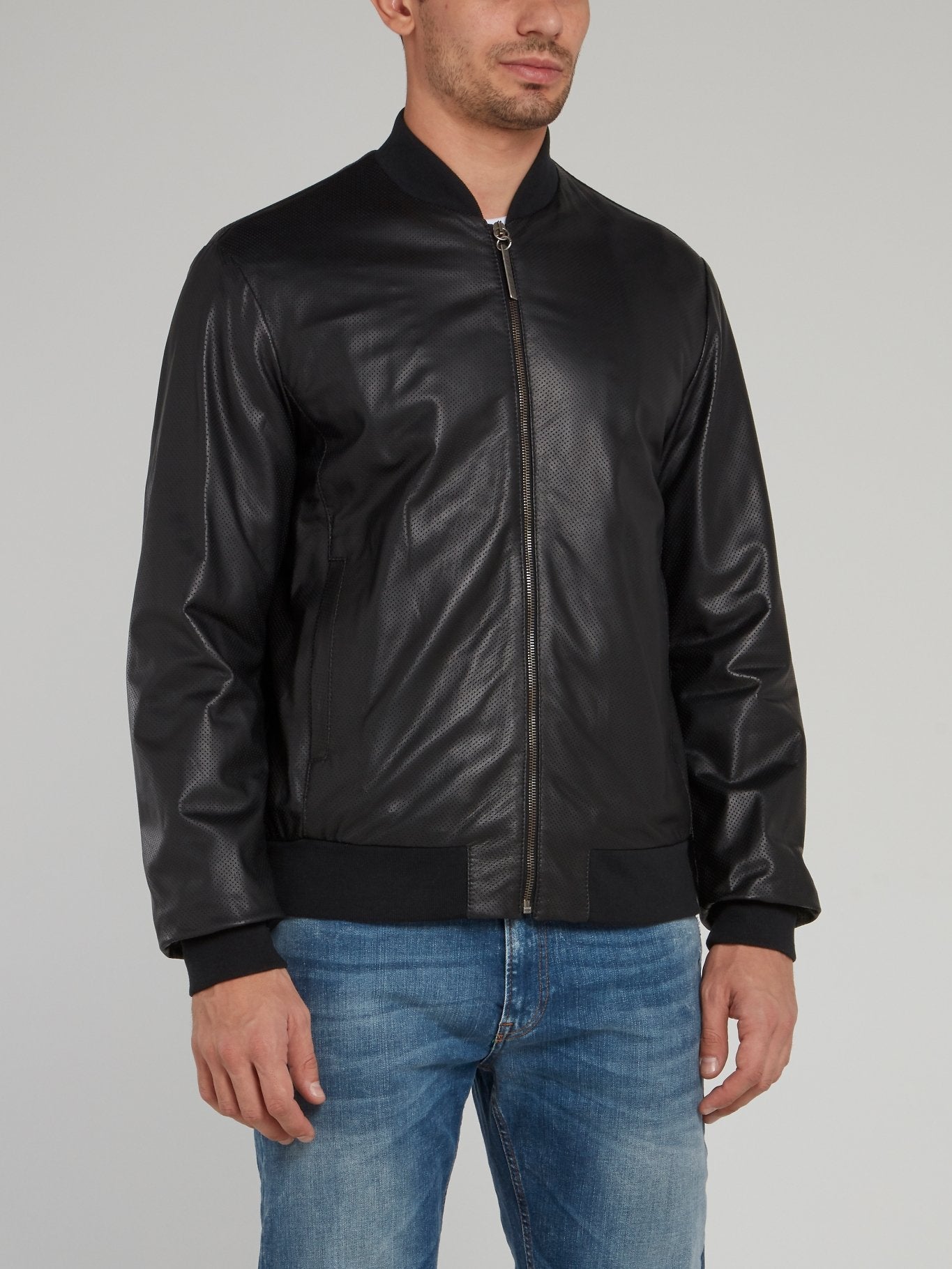 Black Perforated Leather Bomber Jacket Maison B More Global Store