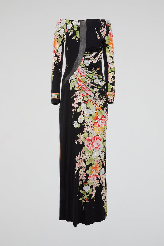 Black Floral Gown with Asymmetrical Detailing