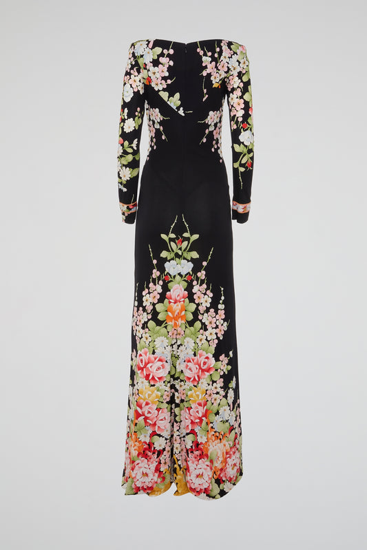 Black Floral Gown with Asymmetrical Detailing