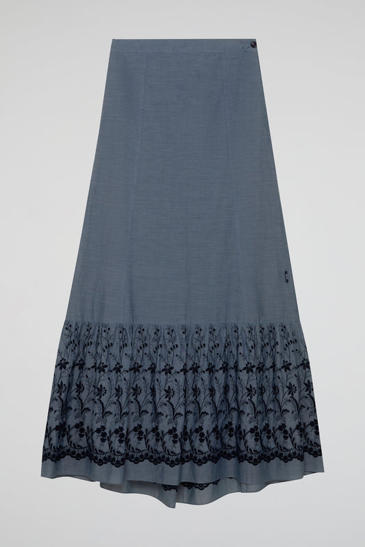 Blue Wrap Skirt with Embroidered Hem