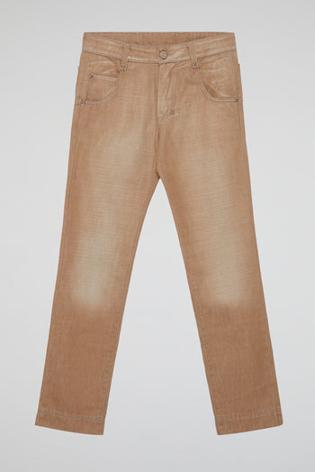Brown Vintage-Wash Straight-Leg Jeans