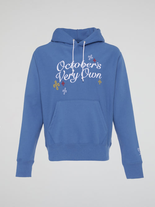 Blue Pompom Script Hooded Sweatshirt