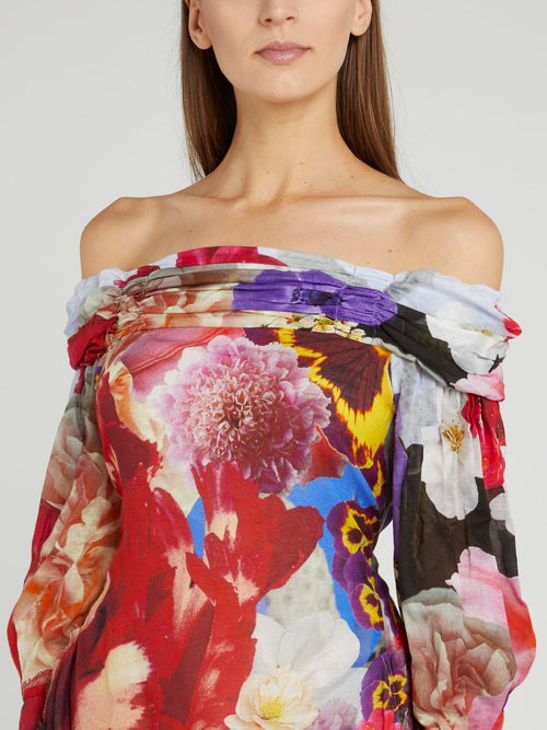 Платье-миди с открытыми плечами и цветочным принтом