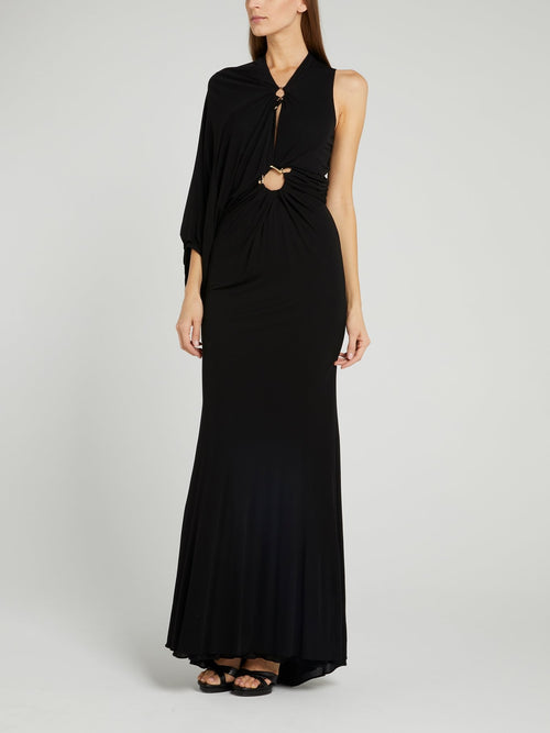 Черное асимметричное платье с украшением в виде кольца