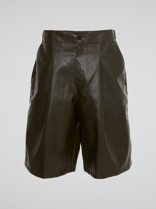 Green Vegan Leather Pleated Bermuda Shorts
