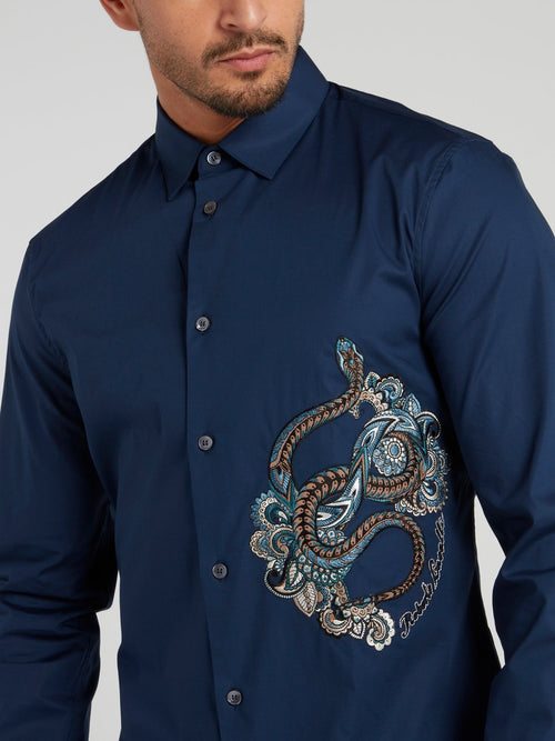 Темно-синяя рубашка с длинными рукавами и вышивкой