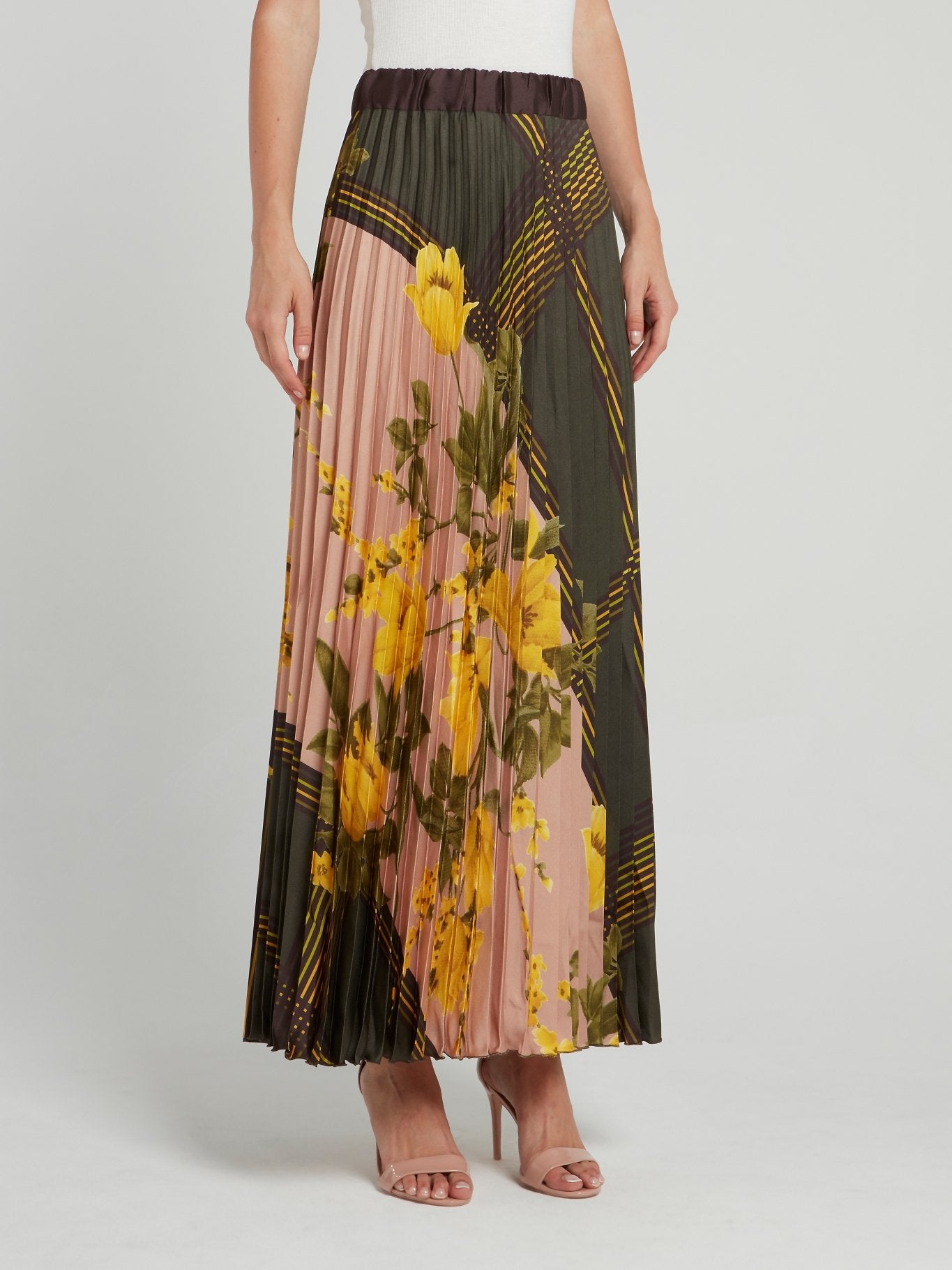 Оливковая плиссированная юбка-макси с цветочным принтом
