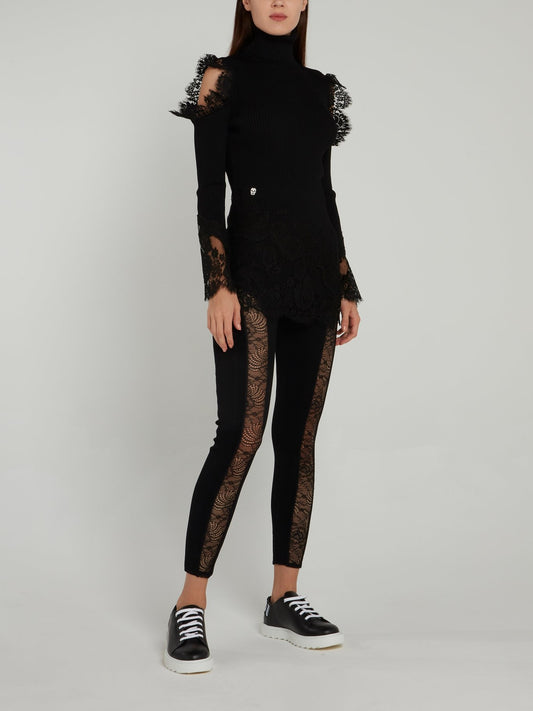 Logo Waistband Lace Panel Leggings