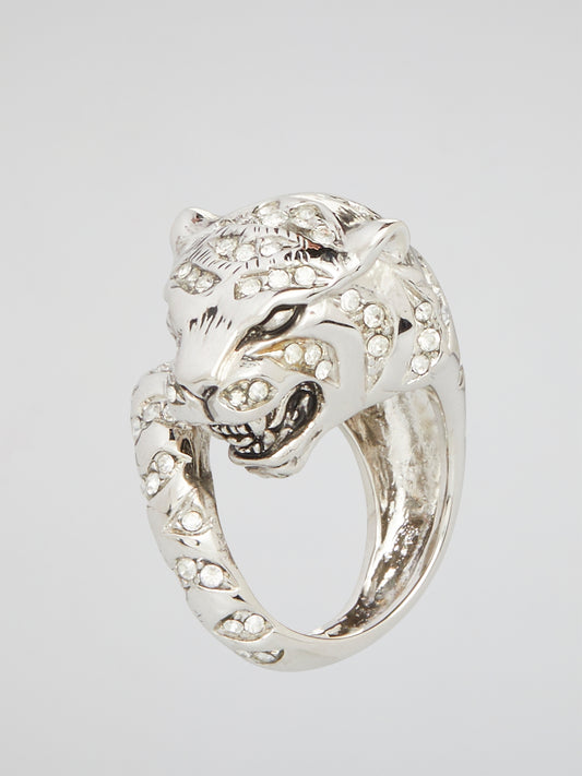 Silver Crystal Studded Panther Head Ring