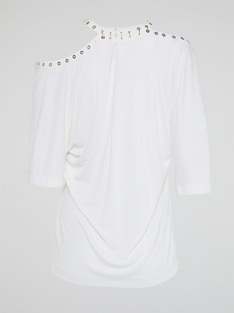 Wrap yourself in effortless elegance with the White Cold Shoulder Top by Roberto Cavalli. This stunning piece boasts intricate detailing and a modern silhouette that will turn heads wherever you go. Elevate your wardrobe with this must-have statement piece that exudes timeless sophistication and style.