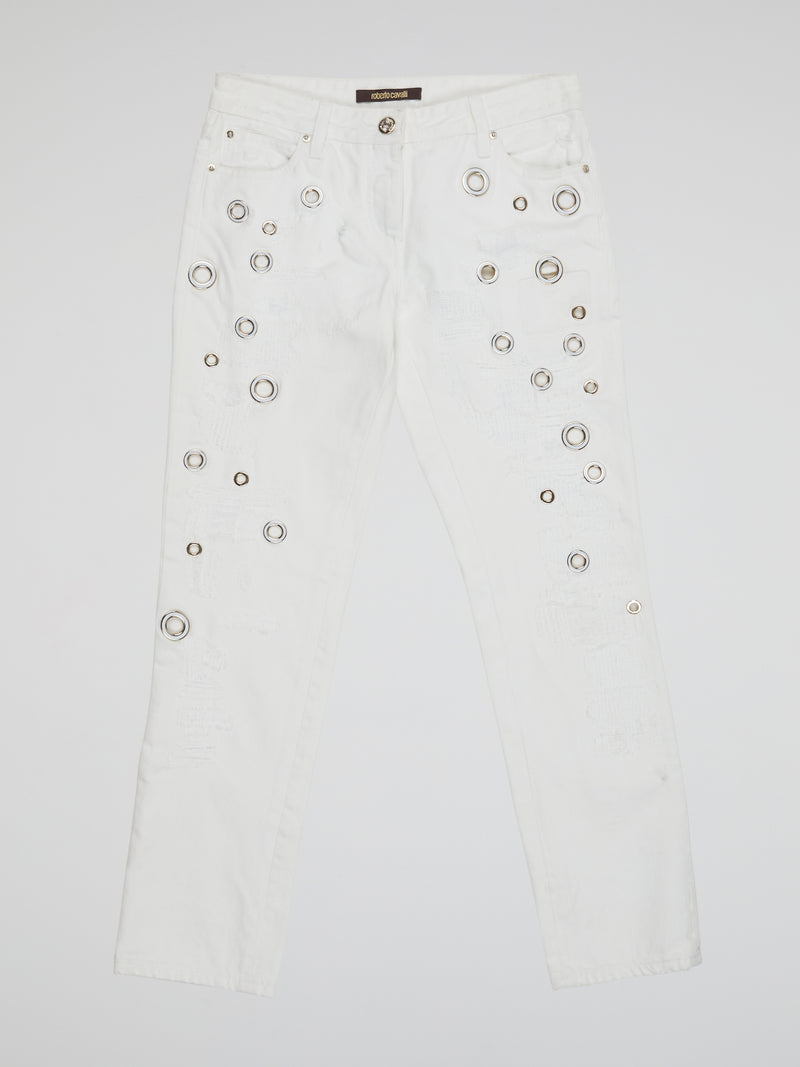 Elevate your denim game with these stunning White Embellished Denim Jeans by Roberto Cavalli. Featuring intricate beadwork and shimmering embellishments, these jeans are truly a work of art. Stand out from the crowd and make a statement with these one-of-a-kind, luxurious jeans.