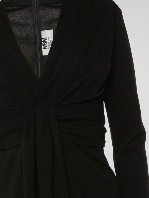 Black Long Sleeve V-Neck Evening Dress