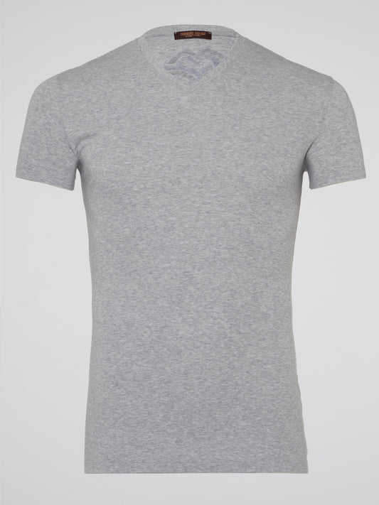 Elevate your everyday style with the effortlessly chic Grey Logo Print V-Neck T-Shirt from Roberto Cavalli Underwear. Crafted from soft, premium materials, this tee features a sleek logo print that adds a touch of luxury to your casual look. Perfect for layering or wearing on its own, this versatile piece will surely become a go-to in your wardrobe.