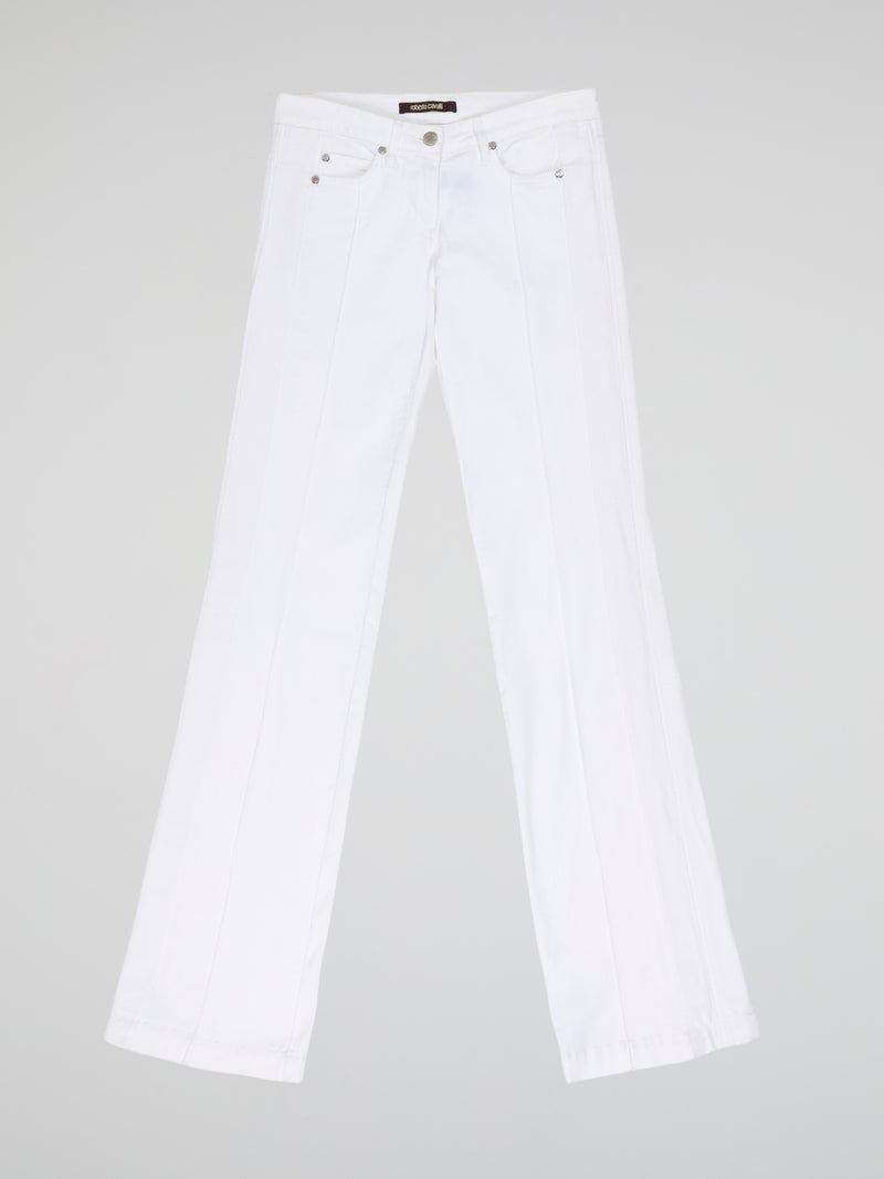 Step into fashion-forward elegance with these White Flared Jeans from renowned designer Roberto Cavalli. Crafted with meticulous attention to detail, these jeans feature a flattering high waistline and a mesmerizing flared silhouette that effortlessly elongates your legs. The pure white hue adds a touch of sophistication, making them the perfect statement piece for any occasion.