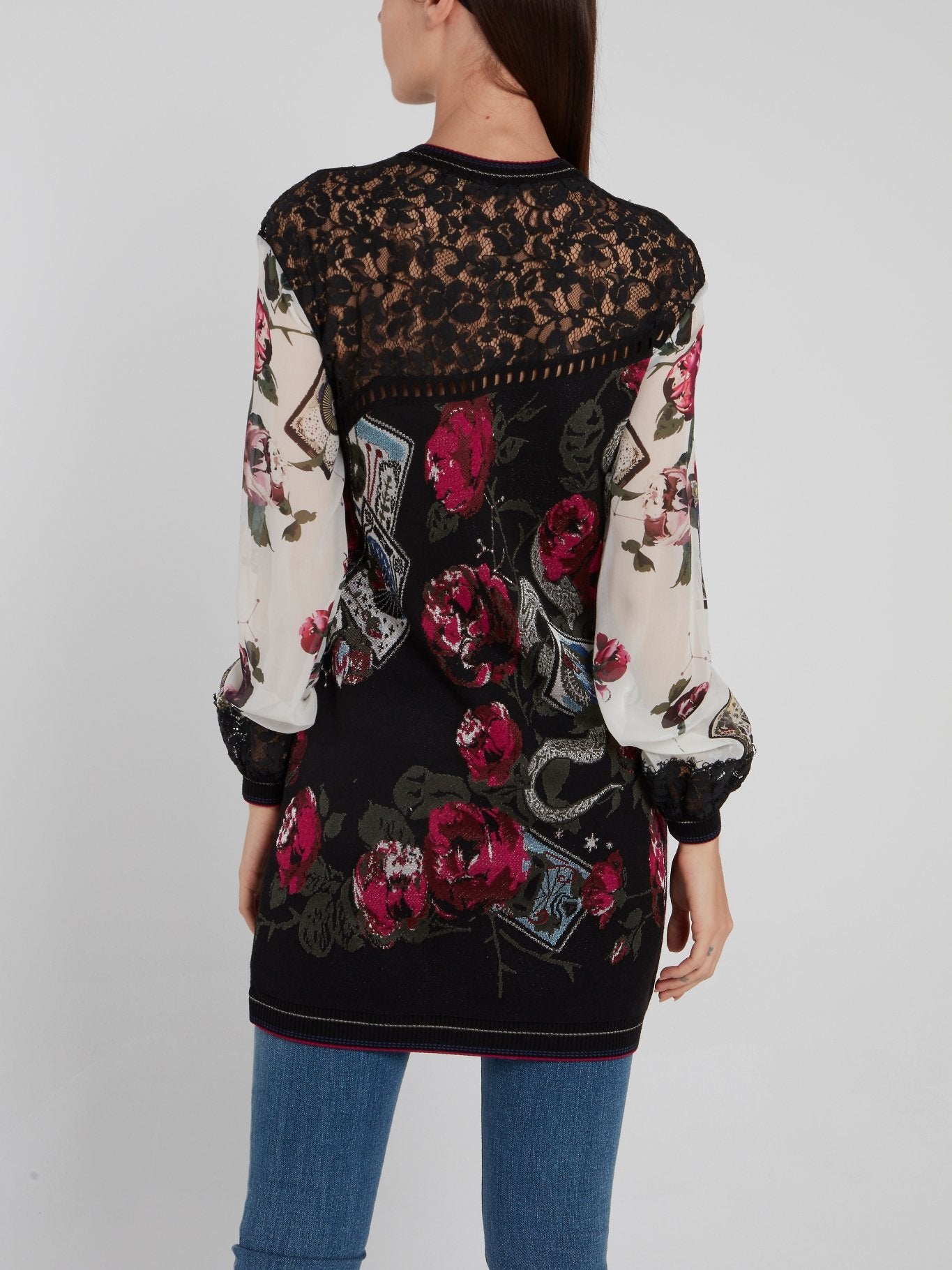Printed Lace Panel Knitted Pullover