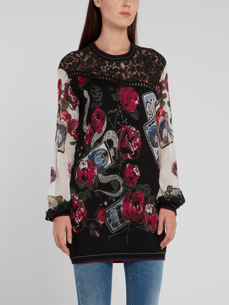 Printed Lace Panel Knitted Pullover