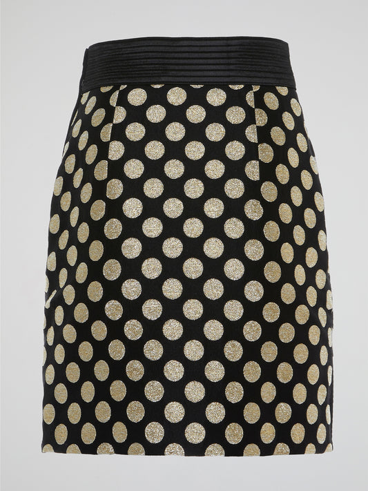 Introducing the Foil Panel Polka Dot Skirt by Emanuel Ungaro, a captivating blend of sophistication and playfulness. This cutting-edge skirt features exquisite foil panel accents that add a touch of glamour to the classic polka dot pattern, creating a truly unique and eye-catching design. Whether paired with a crisp blouse for a chic work ensemble or dressed up with a statement top for a night out, this skirt guarantees to turn heads and make a memorable fashion statement.