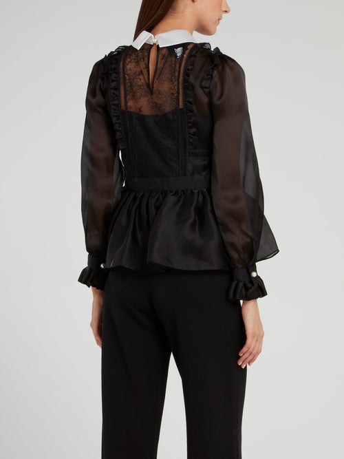 Черная блузка с баской и кружевными вставками