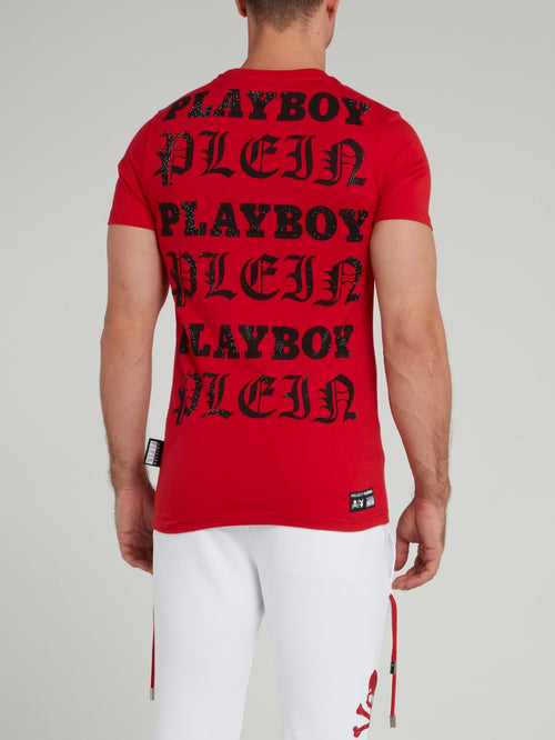 Red Playboy Print Round Neck T-Shirt