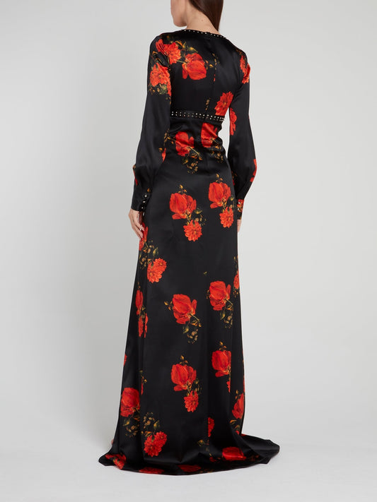 Черное платье с цветочным принтом и разрезом