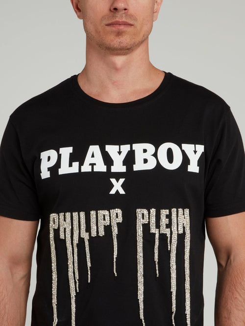 Черная футболка со стразами и логотипом Playboy