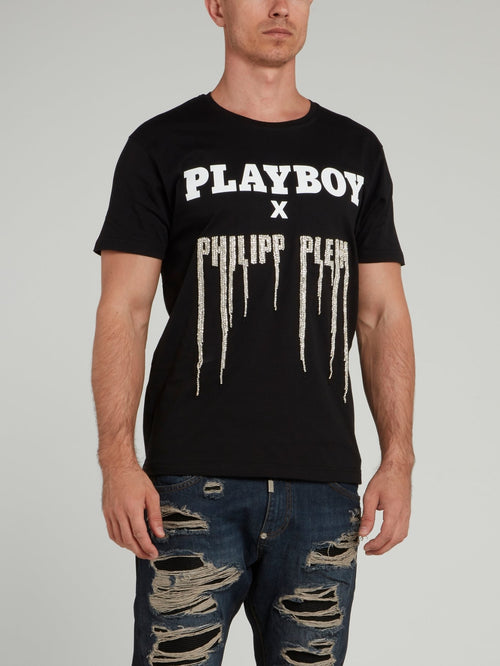 Черная футболка со стразами и логотипом Playboy