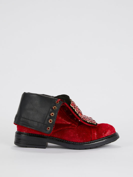Red Crystal Embellished Combat Boots
