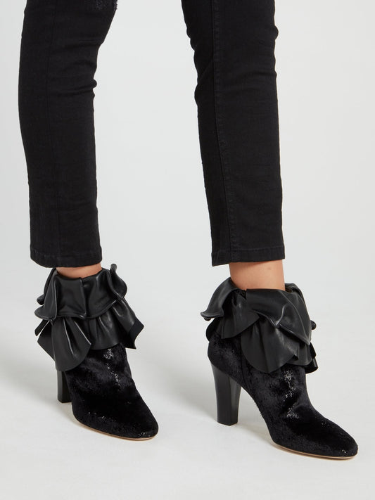 Black Ruffle Top Ankle Boots