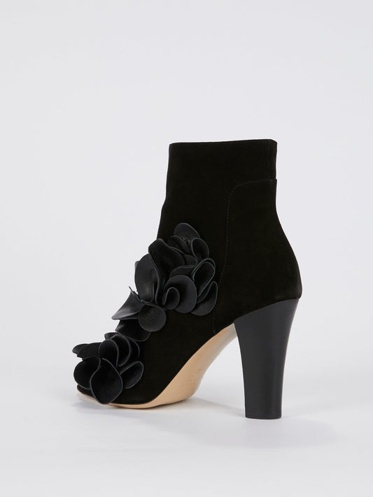 Black Flower Embellished Ankle Boots