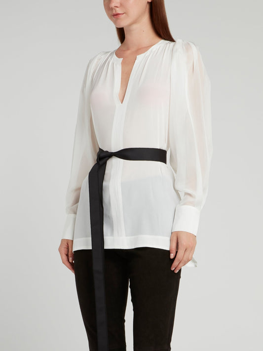 White Mesh Sleeve Top with Belt