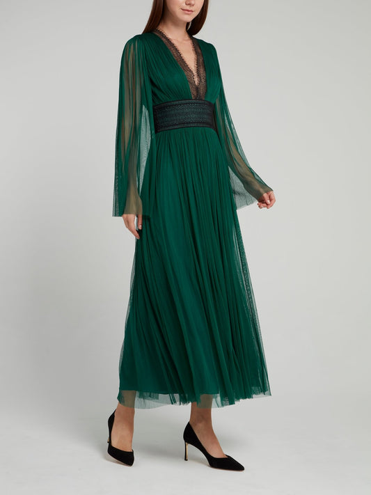 Green Lace Panel Tulle Midi Dress