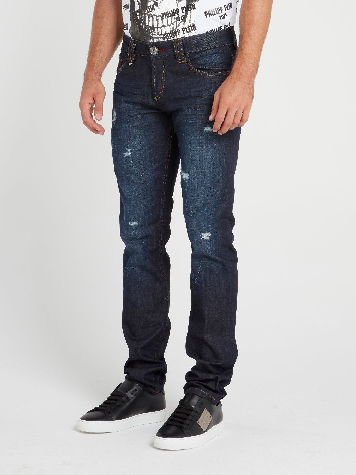 Navy Distressed Slim Fit Trousers