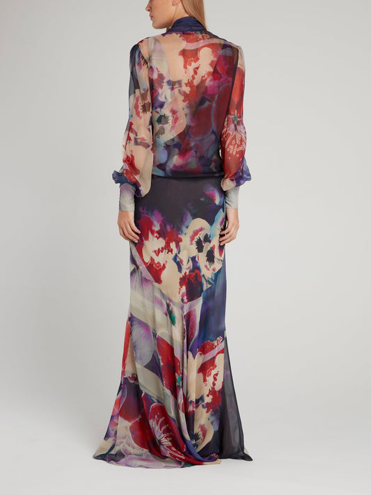 Corsage Bishop Sleeve Chiffon Maxi Dress