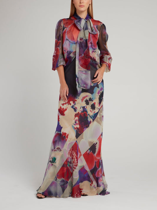 Corsage Bishop Sleeve Chiffon Maxi Dress