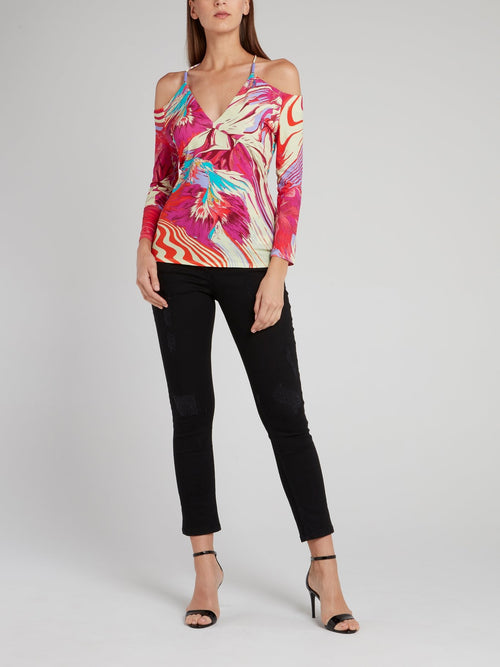 Блузка с открытыми плечами, цветочным принтом и вырезом халтер