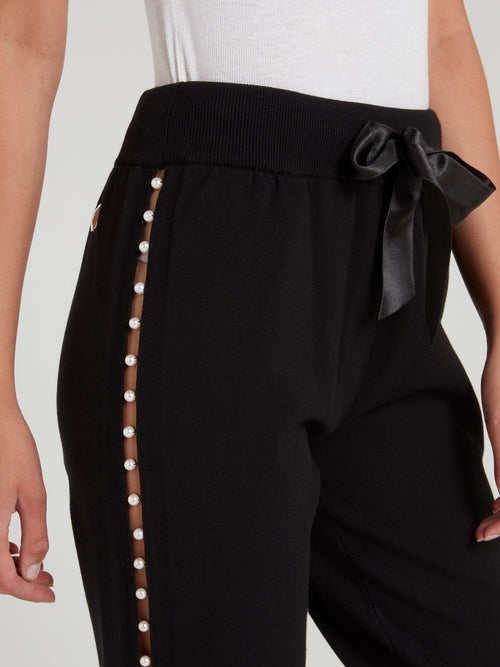 Black Ribbon Detail Pearl Embellished Trousers