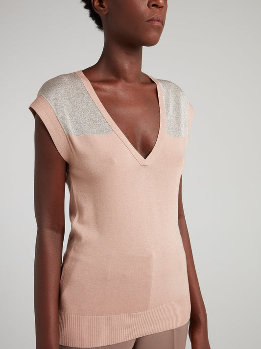 Pink with Silver Panel V-Neck Top