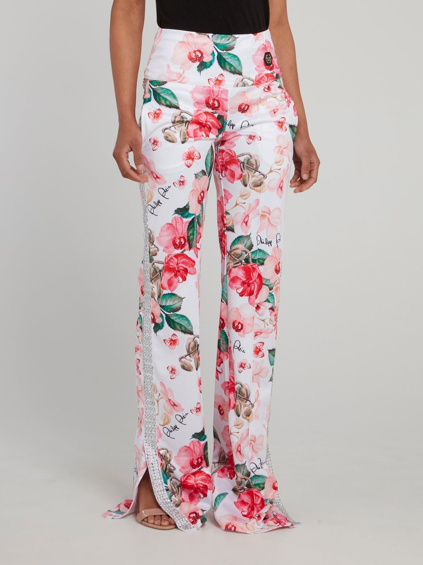 Floral Print Embellished Flared Track Pants