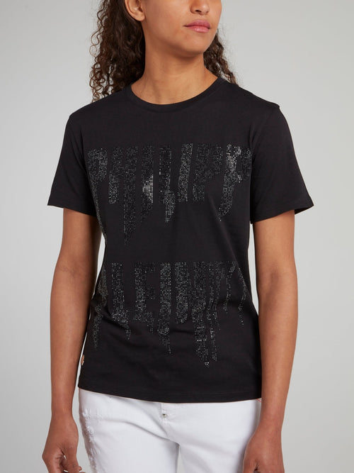 Черная хлопковая футболка с логотипом из страз