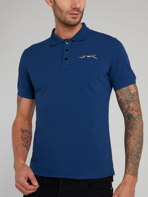 Синяя хлопковая рубашка поло с леопардом