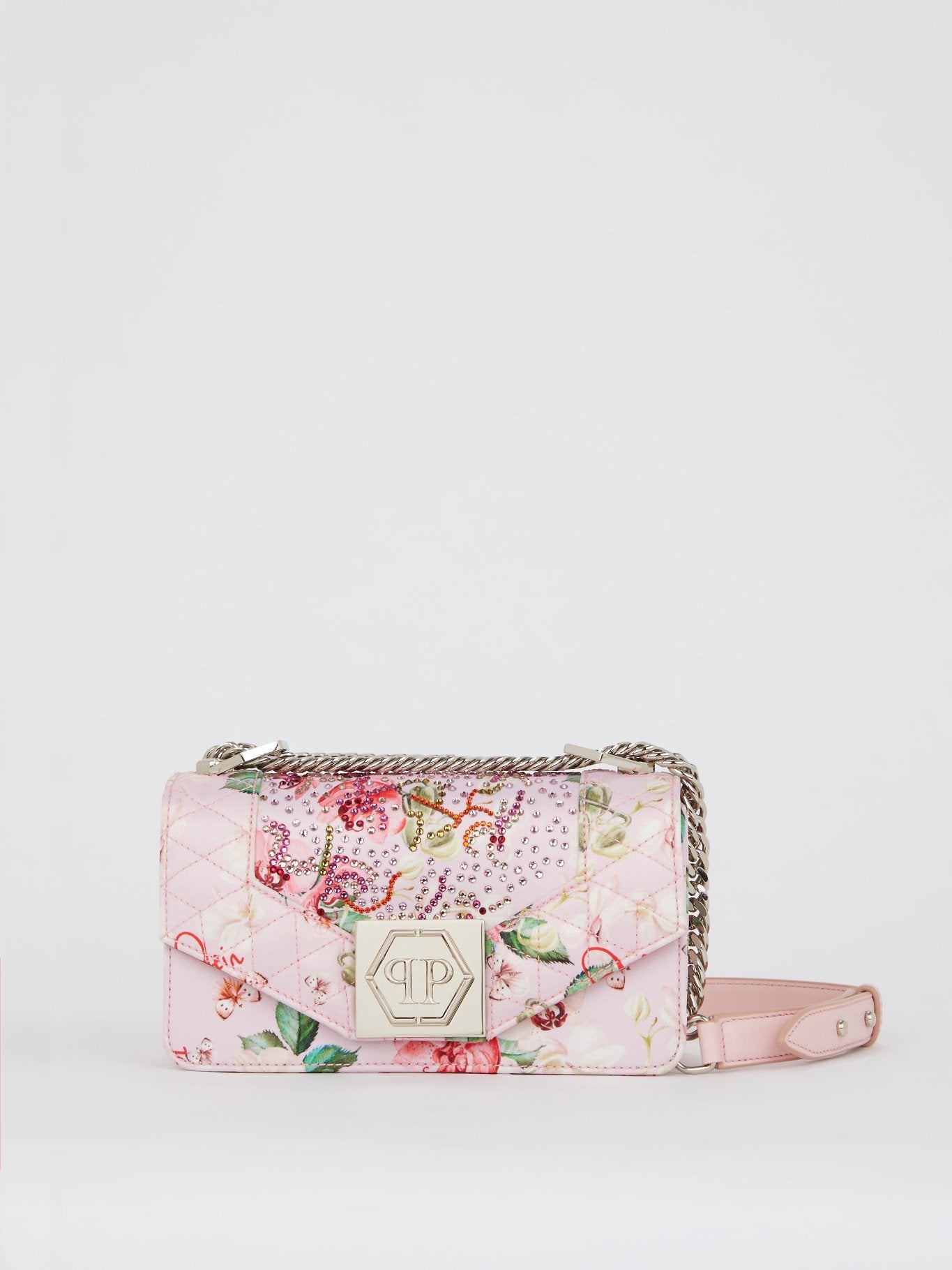 Pink Floral Quilted Studded Shoulder Bag