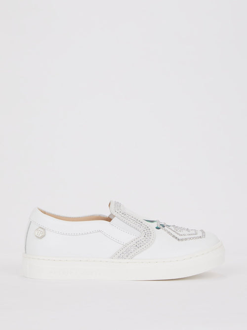 White Crystal Studded Slip On Sneakers