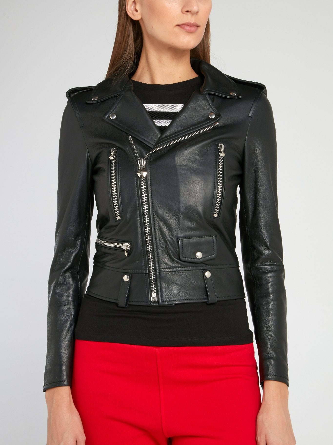 Black Cropped Leather Biker Jacket