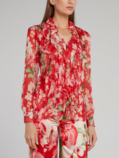 Red Floral Cascade Ruffle Blouse