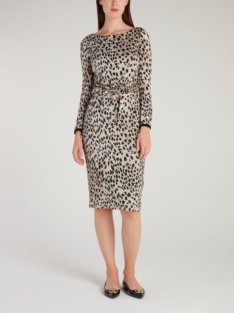 Платье-мини с поясом и леопардовым принтом