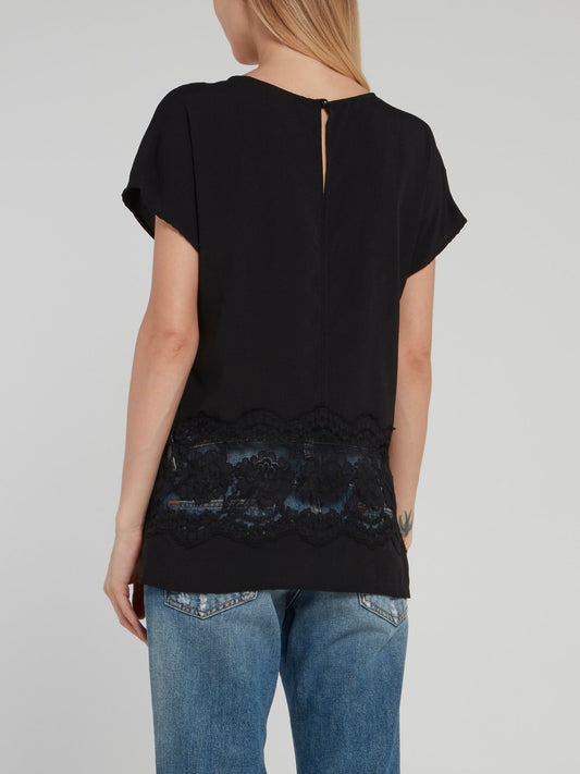 Black Studded Lace Panel Shirt