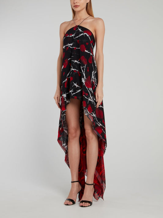 Black Rose Print High-Low Halter Dress