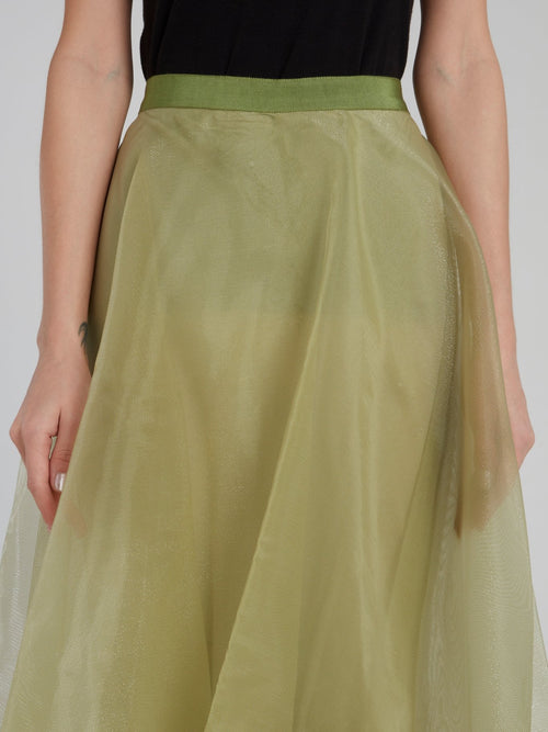 Оливковая прозрачная юбка-макси с подкладом
